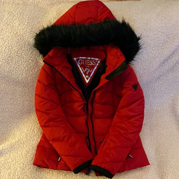 guess red winter jacket